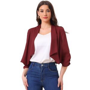 Summer Chiffon Bolero Shrug 3/4 Ruched Sleeve Open Front Cardigans Wine Red